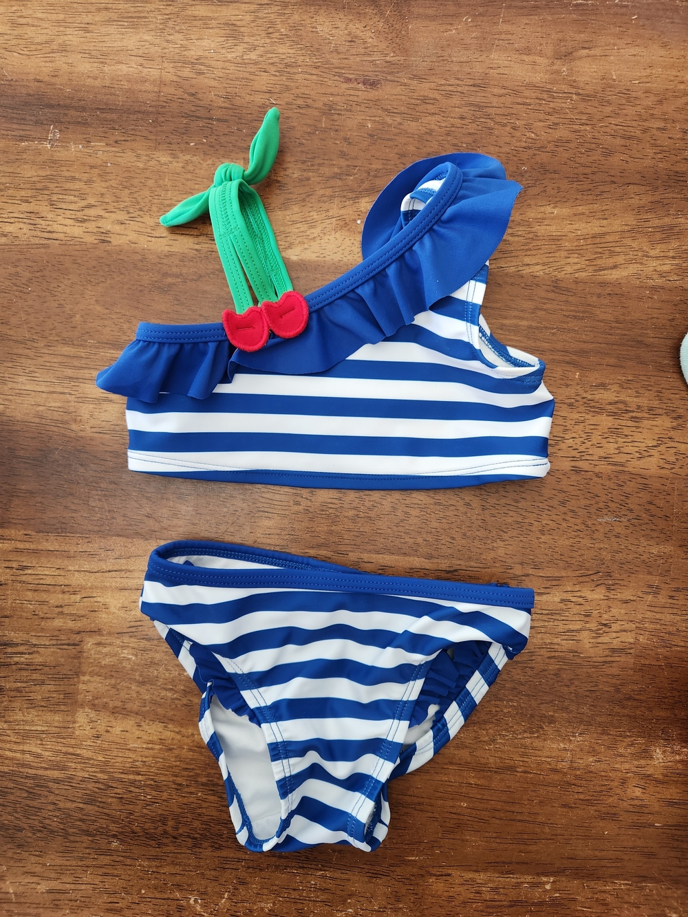 18-24m Blue Stripe Two-Piece Swim Set with Green Strap and Cherry Accent